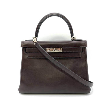 HERMES Bag Kelly 28 Inner Sewing Ebene Brown Handbag Shoulder 2way Trapezoid Ladies Voevergrain Leather KELLY28
