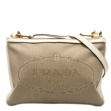 PRADA Jacquard Shoulder Bag 1BH046 Beige White Canvas Leather Ladies
