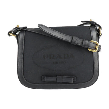 Prada logo jacquard shoulder bag 1BD190 canvas leather black ribbon