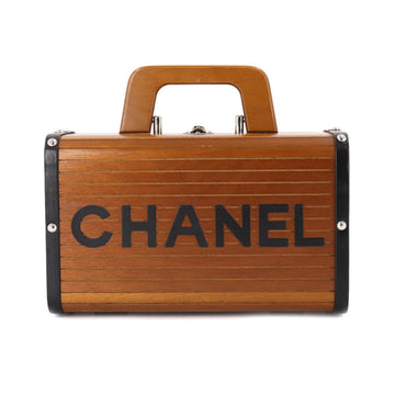 Chanel wood vanity hand bag leather brown black silver metal fittings vintage Wood Vanity