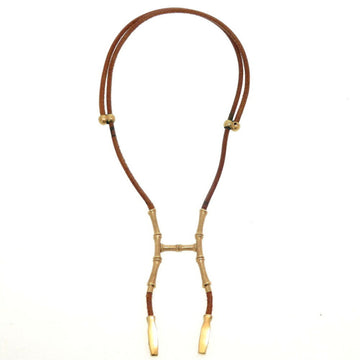 HERMES Bamboo Holder Leather Metal Brown Choker Necklace