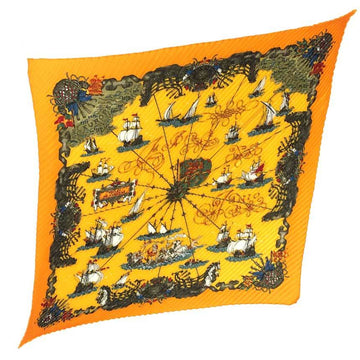 HERMES Pleated Scarf Muffler Silk 100% VOILES DE LUMIERE Light Sailboat Plissee Carre Yellow Ladies