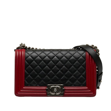 CHANEL Boy  Coco Mark Chain Shoulder Bag Black Red Leather Women's
