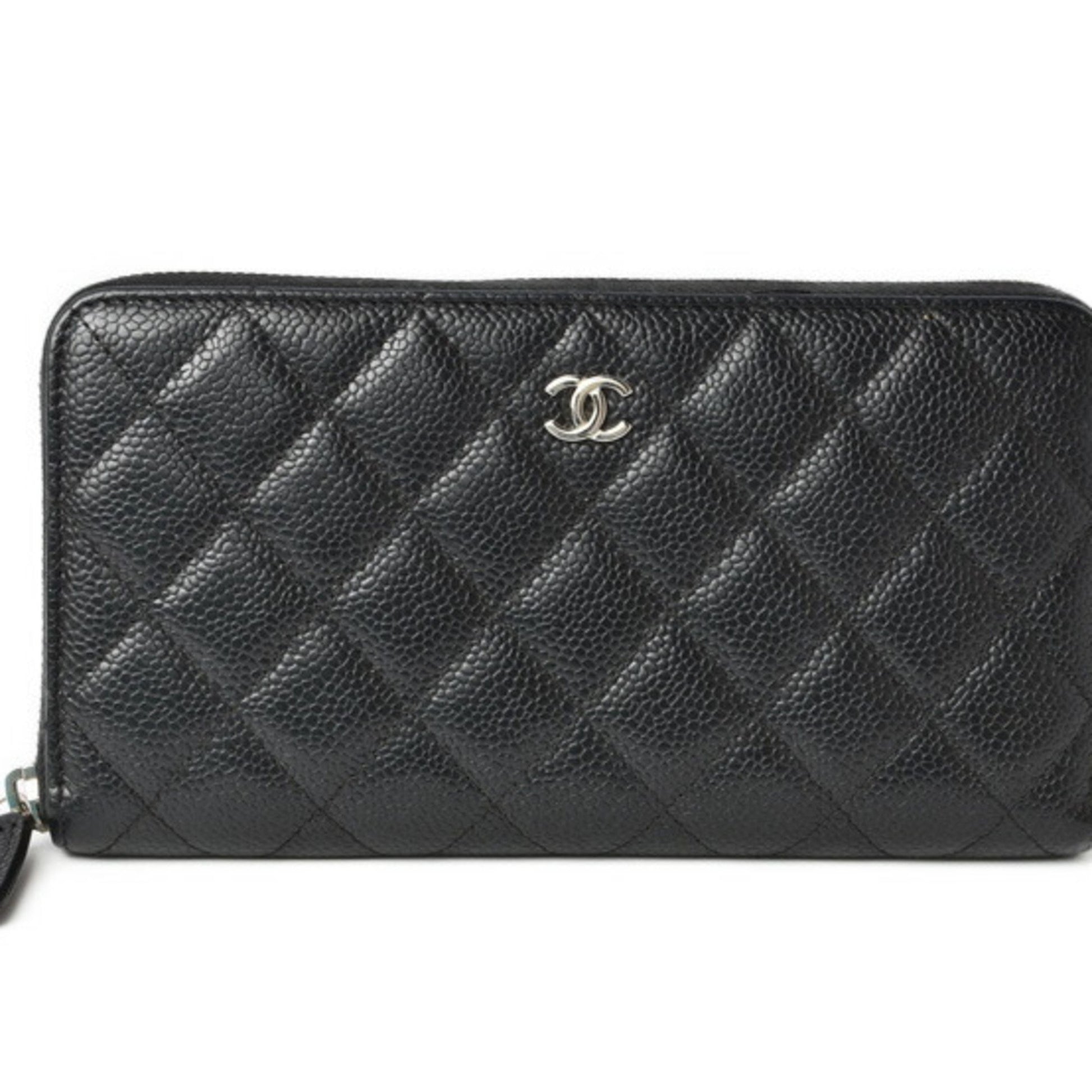 CHANEL wallet long quilting matelasse caviar skin black silver A50097