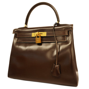Hermes handbag Kelly 28 engraved box calf brown gold metal