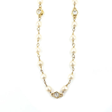 Chanel fake pearl rhinestone long necklace gold white vintage accessories