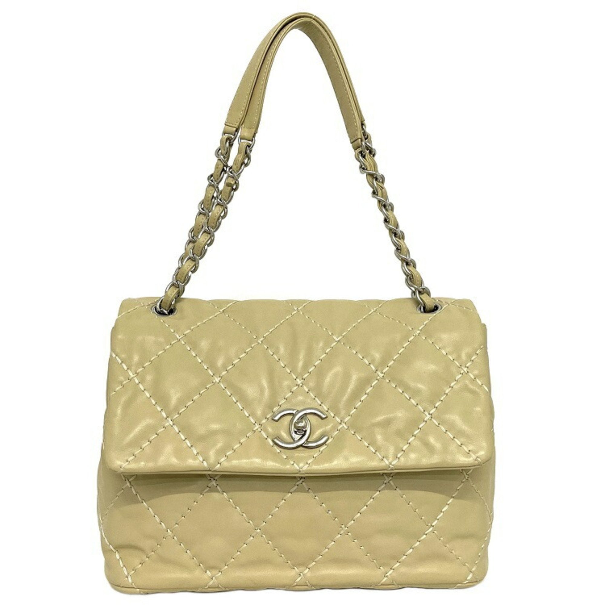 Chanel Chain Shoulder Bag Beige Silver Wild Stitch Lambskin Leather 17
