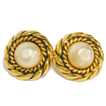 CHANEL Earrings Leaf Costume Pearl Round White GP Black 2205 1985 Vintage Clip Type Ivory Ladies Accessories Jewelry