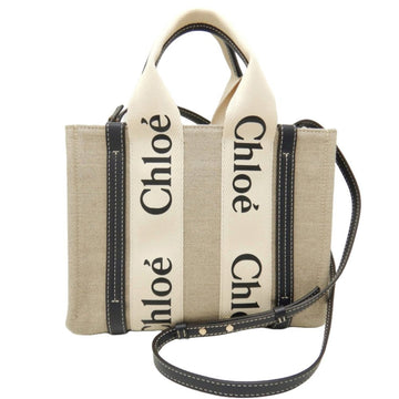 CHLOeChloe  Woody Small Tote CHC22AS397I2691J Bag Linen Canvas x Leather White Blue 251402
