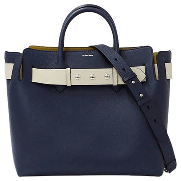 Burberry Lady's tote bag handbag shoulder 2way belt leather navy beige