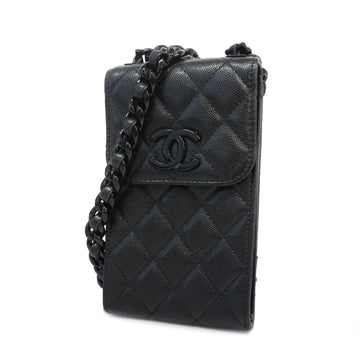CHANELAuth  Caviar Leather Phone Case Black matelasse smartphone shoulder