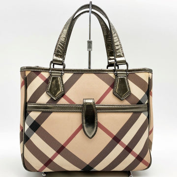 BURBERRY Tote Bag Handbag Check Pattern Beige Metallic PVC Ladies Fashion
