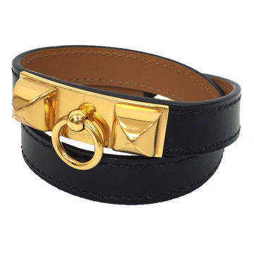 HERMES Leather Bracelet COLLIER DE CHIEN Collier de Chien Double Tour S Size Black x Gold T Stamped 2 Rows  aq9419