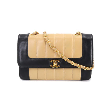 CHANEL Mademoiselle Chain Shoulder Bag Leather Beige Black Gold Hardware Bicolor Vintage