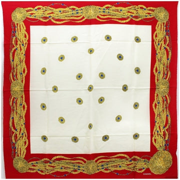 CHANEL Silk Scarf Muffler Chain Pattern Red x Ivory  | Ladies