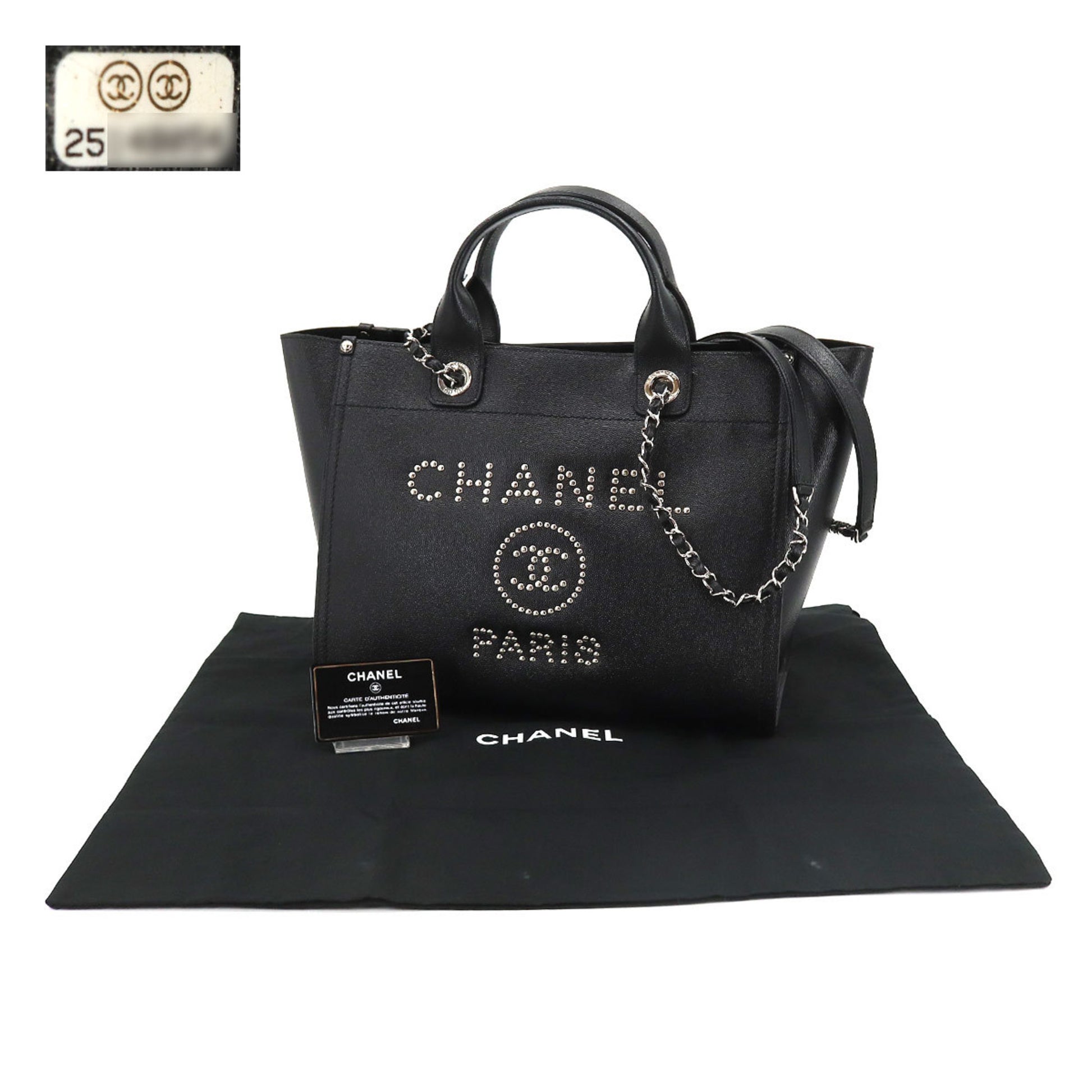 CHANEL Deauville 2way chain tote shoulder bag studs caviar skin black