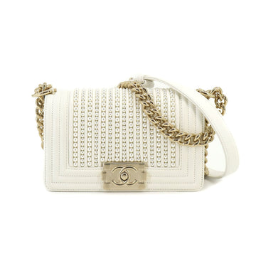 CHANEL Boy  Small Fake Pearl Chain Shoulder Bag Leather White A67085 Gold Hardware