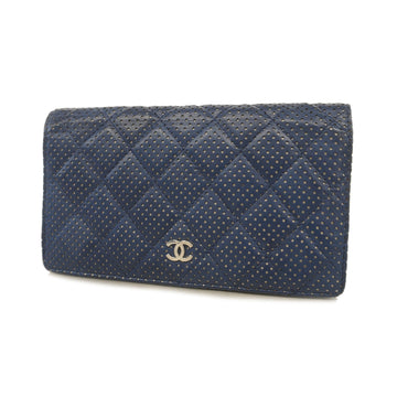 Chanel bi-fold long wallet matelasse lambskin navy silver metal