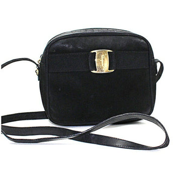 Salvatore Ferragamo Vala Shoulder Bag Suede x Leather Gold Hardware Black Ladies Pochette