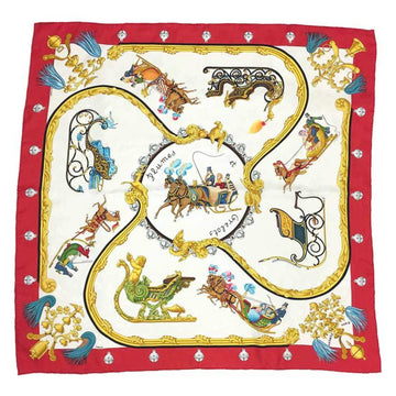 HERMES Scarf Muffler Carre 90 Plumes et Grelots Feather and bell pattern Red x Ivory 100% Silk  aq8353