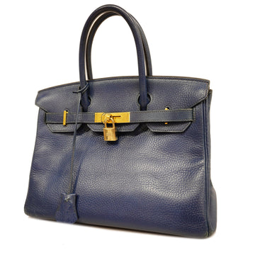 Hermes Birkin 30 B Engraved Blue France Women's Fjord Leather Handbag