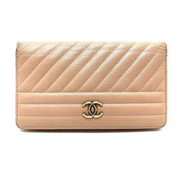 CHANEL A82399 Striped Border Coco Mark Flap Long Wallet [With Coin Purse] Goatskin Ladies Mocha Pink Beige
