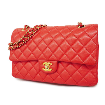 CHANELAuth  Matelasse W Flap W Chain Caviar Leather Shoulder Bag Cherry Red