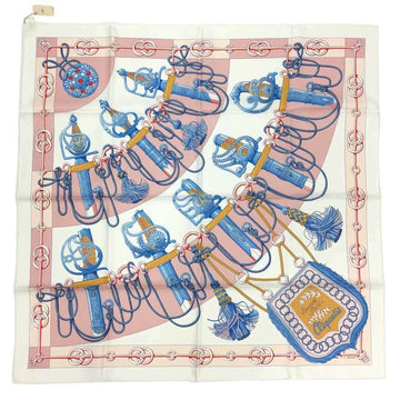 HERMES scarf muffler Carre 90 Cliquetis sword pattern BLANC + ROSE POUDRE BLEU 100% silk pink x white blue