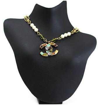 CHANEL Double Chain Necklace Gold Color Coco Mark Rhinestone Costume Pearl 05P Women's