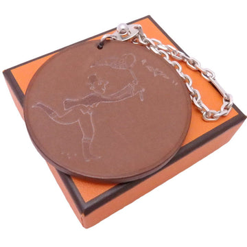 HERMES Charm Catch Me Heart Design Leather/Silver 925 Brown x Red Silver Unisex