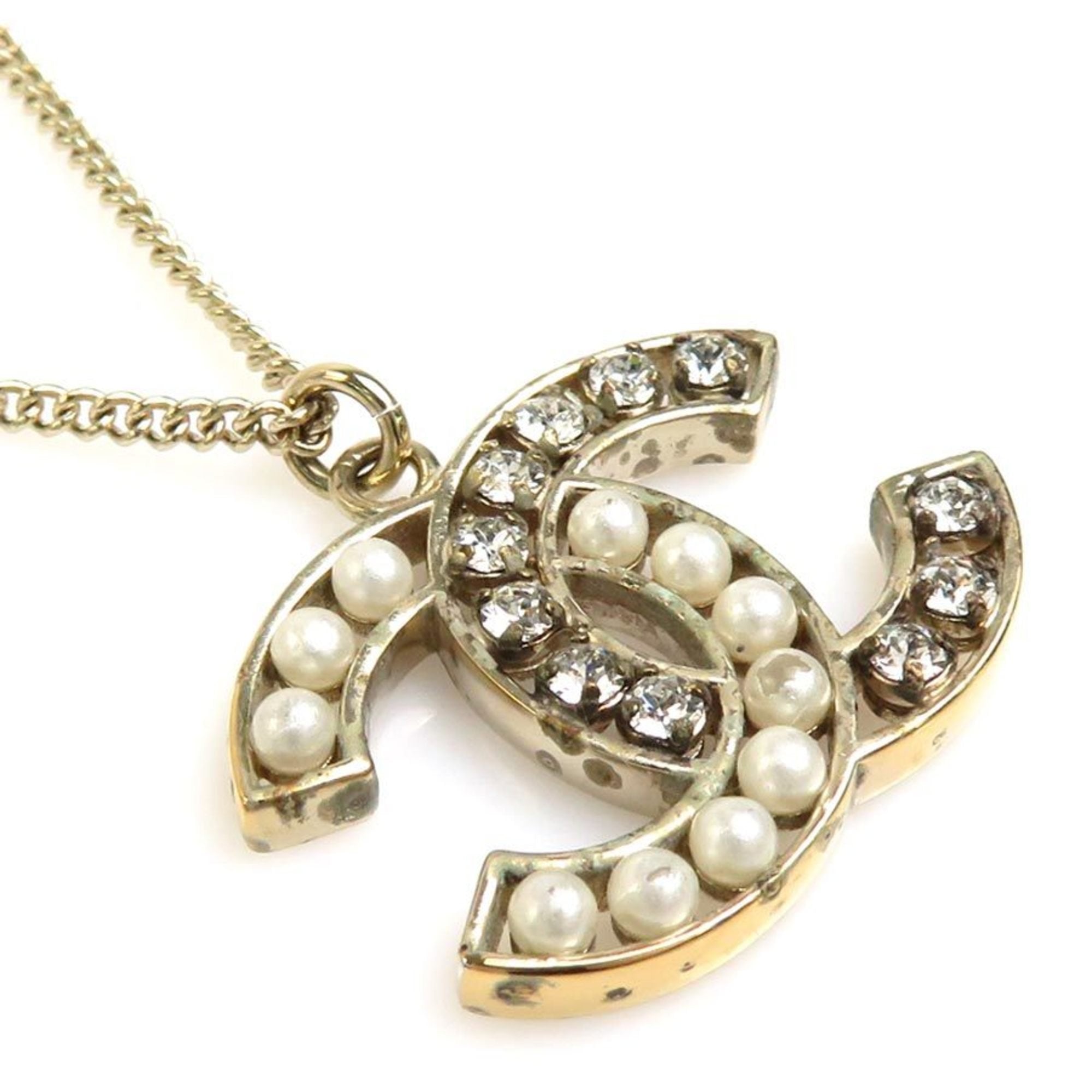 Chanel Necklace Coco Mark metal/Fake Pearl/Rhinestone Gold/White/Silver Women's