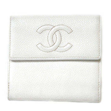 CHANEL bi-fold wallet caviar skin COCO mark CC white ladies leather