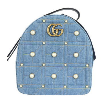Gucci GG Marmont Backpack Daypack 476671 Denim Leather Blue Quilted Fake Pearl