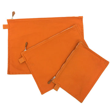 HERMES Bora Pouch 3 Piece Set Flat Clutch Bag Cotton Canvas Orange