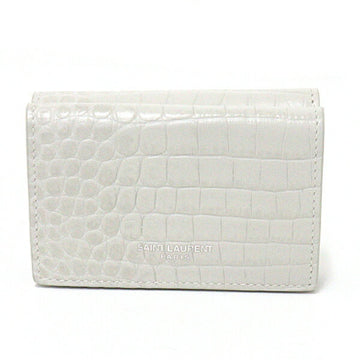 SAINT LAURENT Tiny Wallet Trifold Mini Compact Embossed Leather 459784 White Silver Hardware