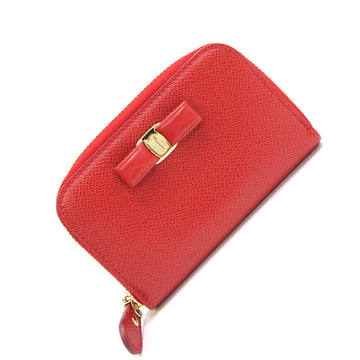 Ferragamo Coin Case Vala 22 D199 Red Leather Purse Card Women's Ribbon Salvatore