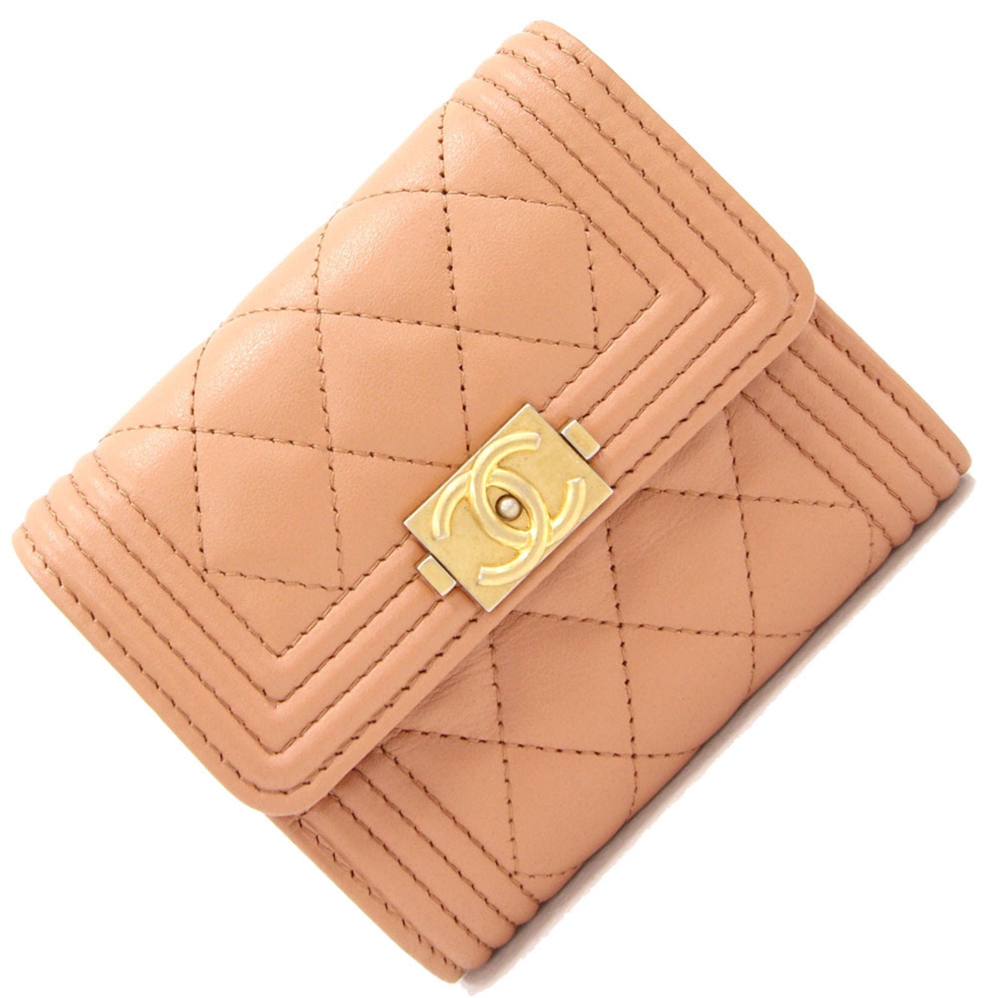 Chanel Tri-Fold Wallet Boy A84068 Brown Beige Leather Mini Small Matra
