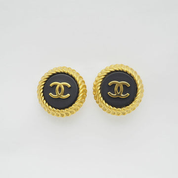 CHANEL A04378 95C Vintage Coco Button Earrings Black x Gold Rope Pattern