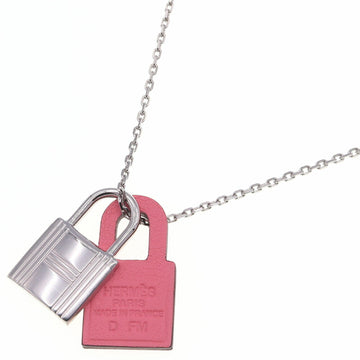 HERMES Necklace O'Kelly Silver Pink Metal Leather D Engraved Women's Pendant Cadena