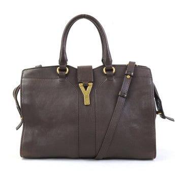 YVES SAINT LAURENT Handbag Shoulder Bag Y Line Cabas Leather Dark Brown Gold Women's e56055f
