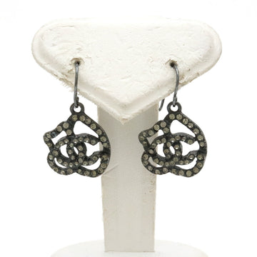 CHANEL Camellia Motif Coco Mark Hook Earrings GP Rhinestone Black Clear 00A
