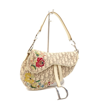 CHRISTIAN DIOR Handbag Saddle Bag Women's Beige Canvas Leather Trotter Flower A2229878