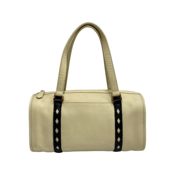 YVES SAINT LAURENT Cutout Leather Genuine Handbag Mini Boston Ivory