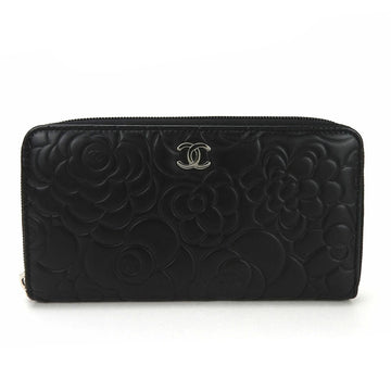 CHANEL Round Long Wallet Lambskin Leather Camellia Black 17th Series Zippy Accessories Ladies Zip long