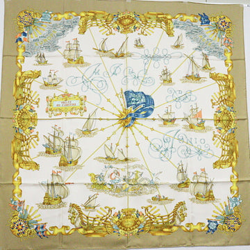 HERMES Carre 90 scarf muffler VOILES DE LUMIERE sailing ship of light 100% silk beige multicolor sea voyage age