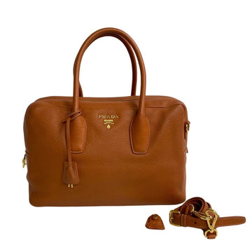 PRADA Logo Vitello Dino Leather Genuine 2way Handbag Boston Bag Shoulder Brown 20883