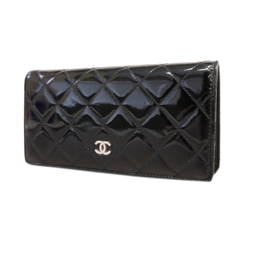 Chanel bi-fold long wallet matelasse patent leather black silver metal