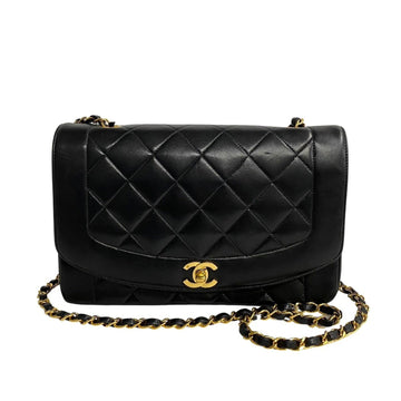 CHANEL Matelasse Diana Flap Lambskin Leather Chain Shoulder Bag Black 52968