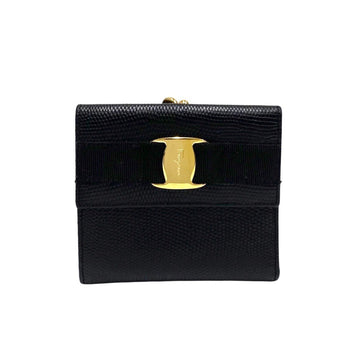 SALVATORE FERRAGAMO Vara Ribbon Metal Fittings Leather Genuine Clasp Bifold Wallet Black