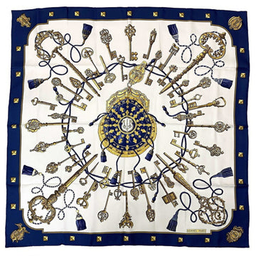 HERMES Scarf Carre 90 Navy White Gold LES CLES Silk 100%  Key Pattern Women's Accessories